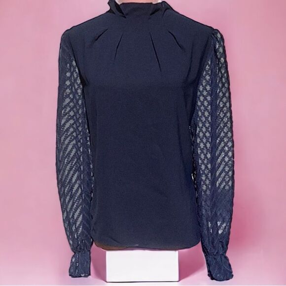 SHEIN NEW FRENCHY FRILLED NECK FLOUNCE SLEEVE BLOUSE TOP NAVY BLUE LARGE - Picture 6 of 7
